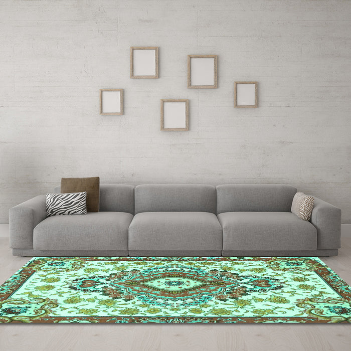 Machine Washable Persian Turquoise Traditional Area Rugs in a Living Room,, wshtr4741turq