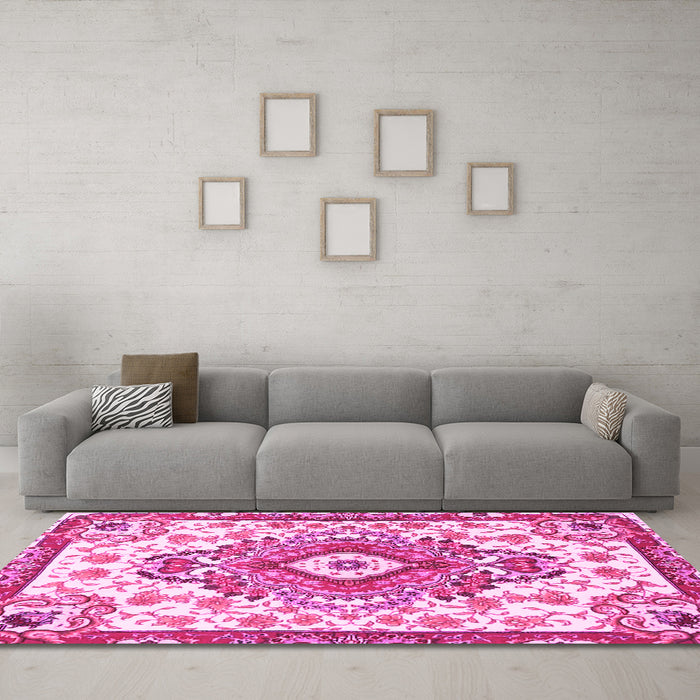 Machine Washable Persian Pink Traditional Rug in a Living Room, wshtr4741pnk