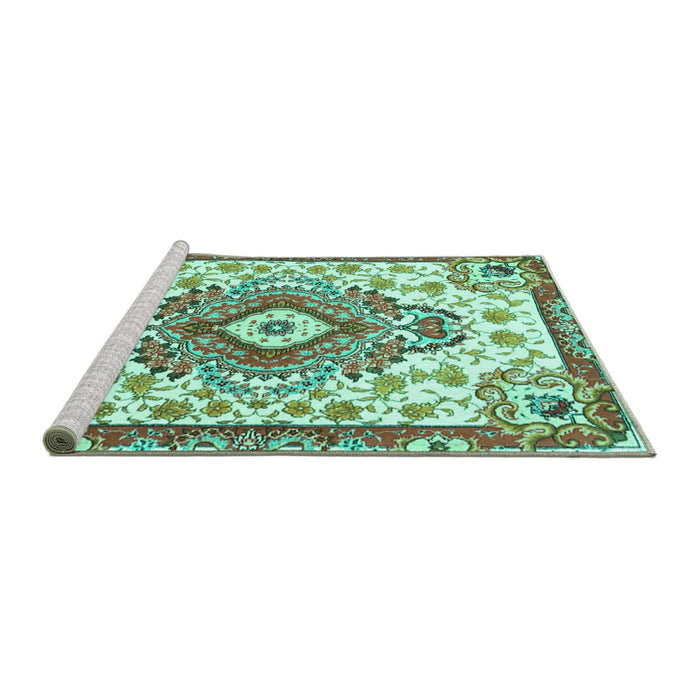 Sideview of Machine Washable Persian Turquoise Traditional Area Rugs, wshtr4741turq