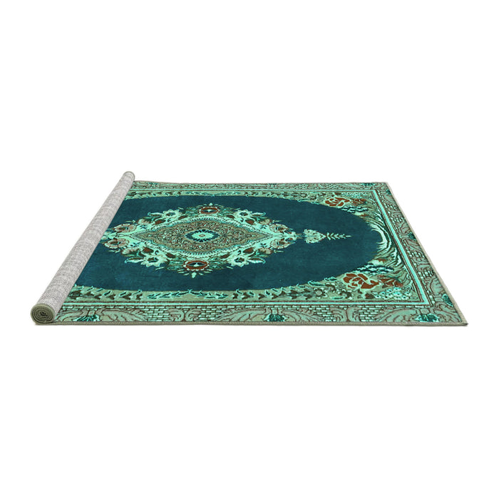 Sideview of Machine Washable Persian Turquoise Traditional Area Rugs, wshtr4742turq