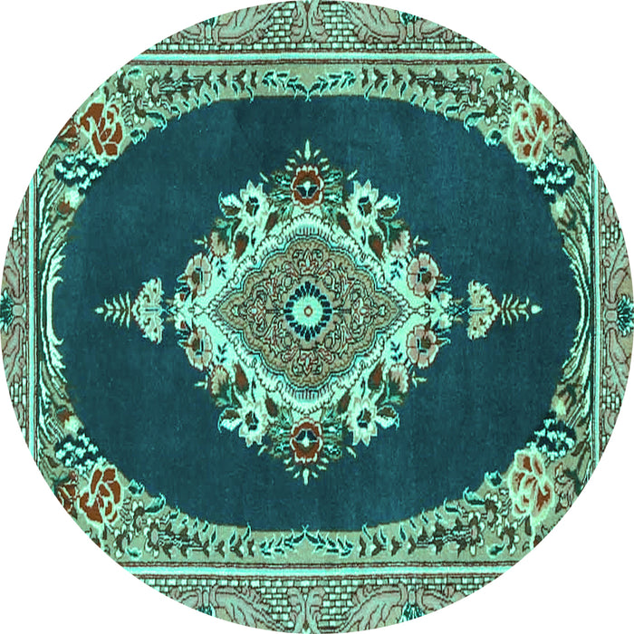 Round Machine Washable Persian Turquoise Traditional Area Rugs, wshtr4742turq