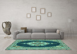 Machine Washable Persian Turquoise Traditional Area Rugs in a Living Room,, wshtr4742turq