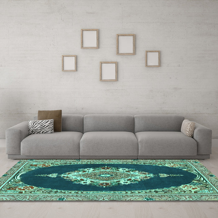 Machine Washable Persian Turquoise Traditional Area Rugs in a Living Room,, wshtr4742turq