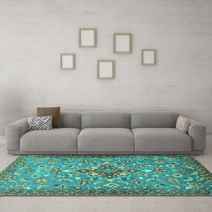Machine Washable Persian Turquoise Traditional Area Rugs in a Living Room,, wshtr4743turq