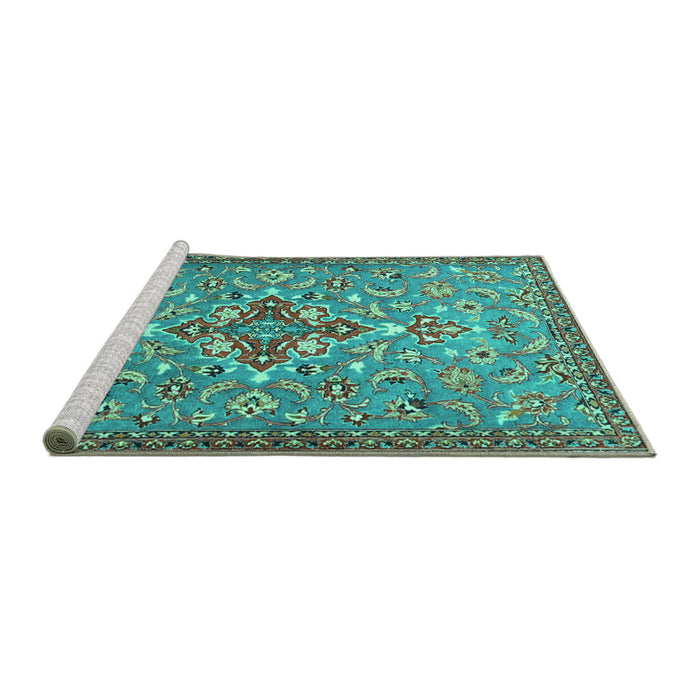 Sideview of Machine Washable Persian Turquoise Traditional Area Rugs, wshtr4743turq