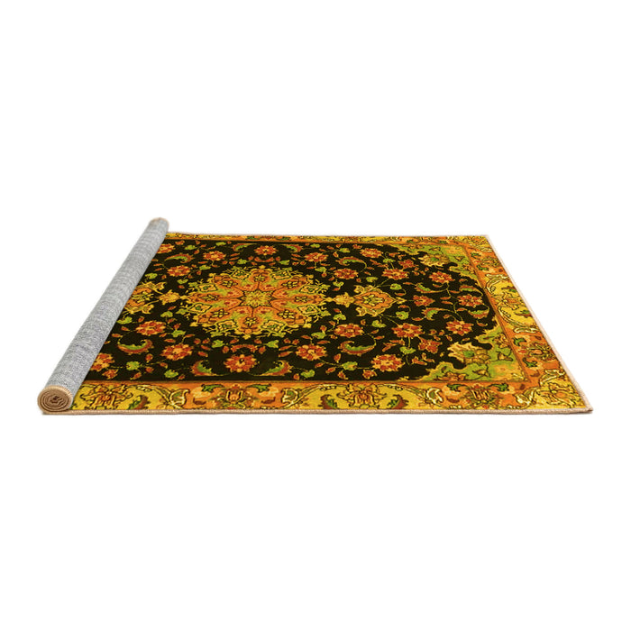 Sideview of Machine Washable Medallion Yellow Traditional Rug, wshtr4744yw