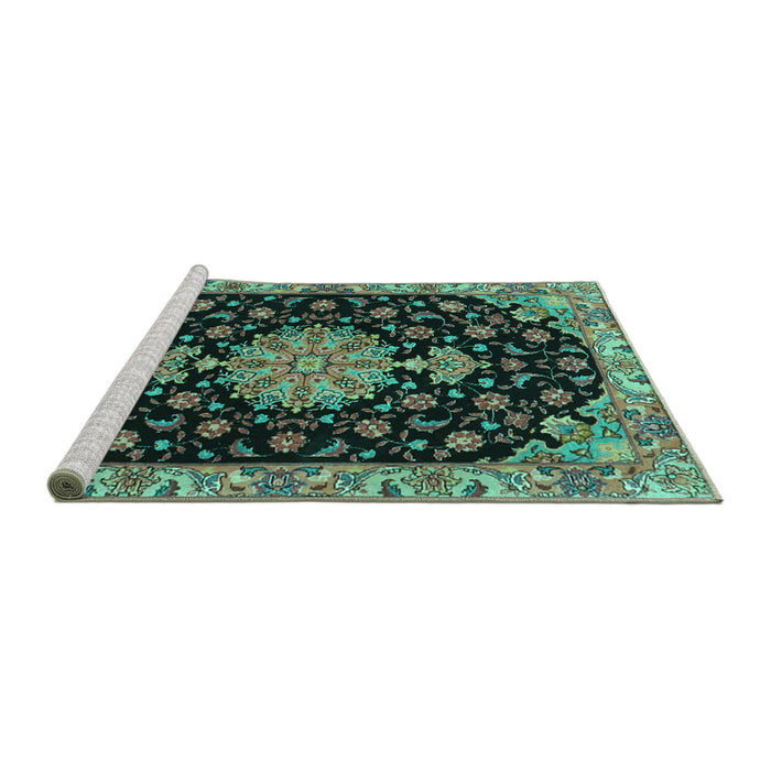 Sideview of Machine Washable Medallion Turquoise Traditional Area Rugs, wshtr4744turq