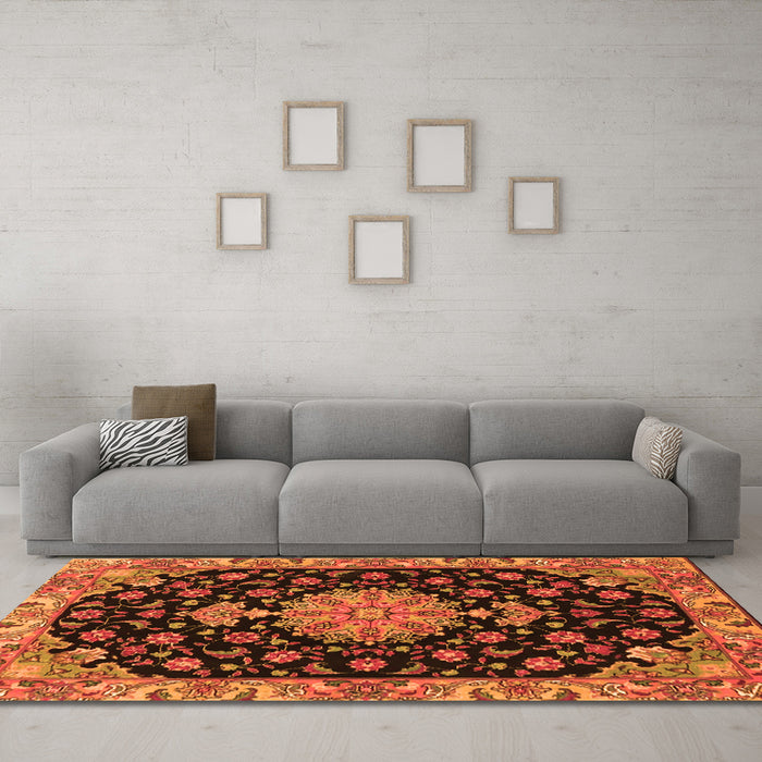 Machine Washable Medallion Orange Traditional Area Rugs in a Living Room, wshtr4744org