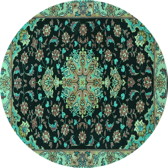 Round Machine Washable Medallion Turquoise Traditional Area Rugs, wshtr4744turq