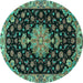 Round Machine Washable Medallion Turquoise Traditional Area Rugs, wshtr4744turq