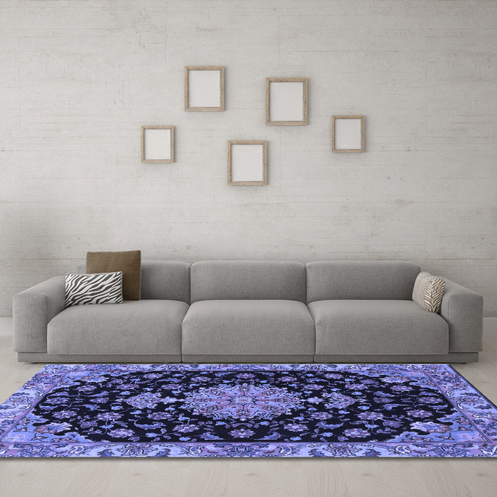 Machine Washable Medallion Blue Traditional Rug in a Living Room, wshtr4744blu
