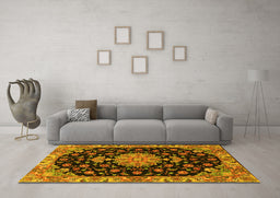 Machine Washable Medallion Yellow Traditional Rug in a Living Room, wshtr4744yw