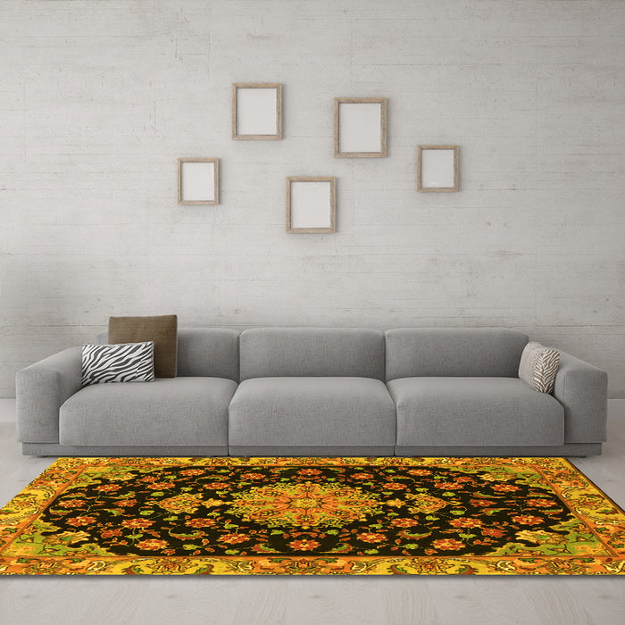 Machine Washable Medallion Yellow Traditional Rug in a Living Room, wshtr4744yw