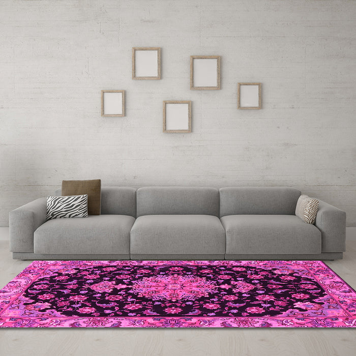 Machine Washable Medallion Pink Traditional Rug in a Living Room, wshtr4744pnk