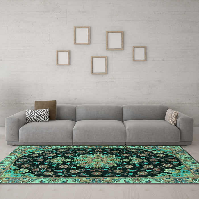 Machine Washable Medallion Turquoise Traditional Area Rugs in a Living Room,, wshtr4744turq