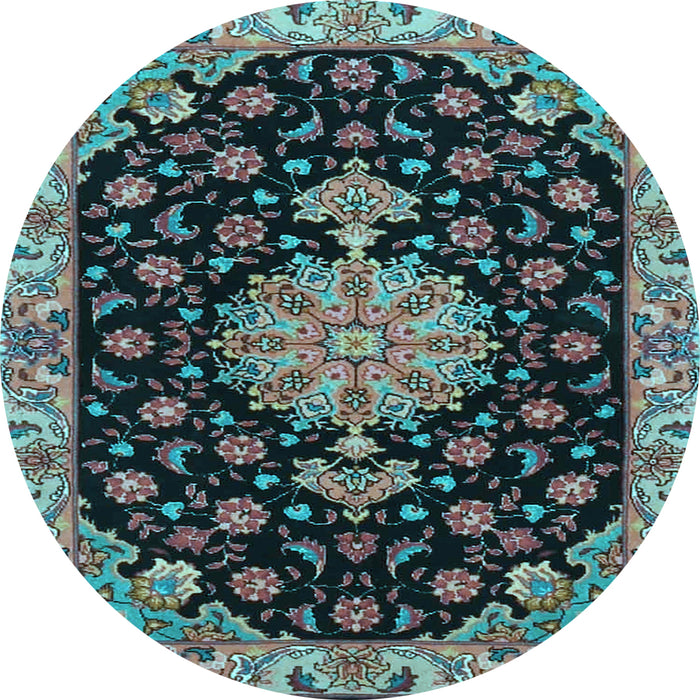 Round Machine Washable Medallion Light Blue Traditional Rug, wshtr4744lblu