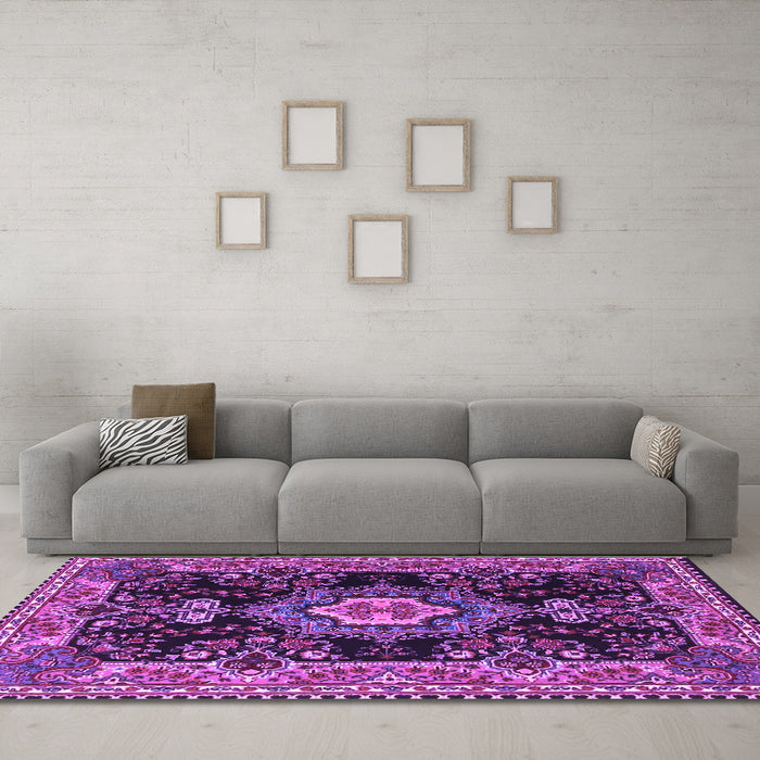 Machine Washable Medallion Purple Traditional Area Rugs in a Living Room, wshtr4745pur