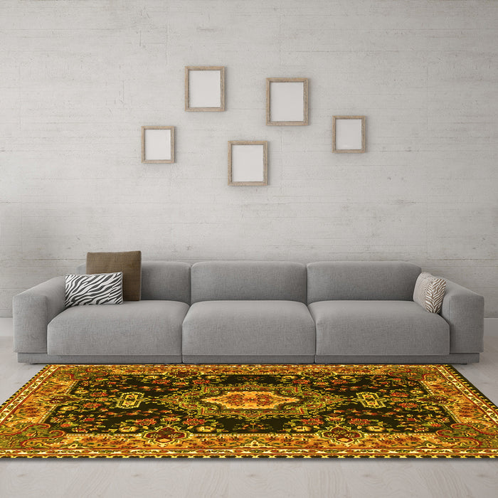 Machine Washable Medallion Yellow Traditional Rug in a Living Room, wshtr4745yw