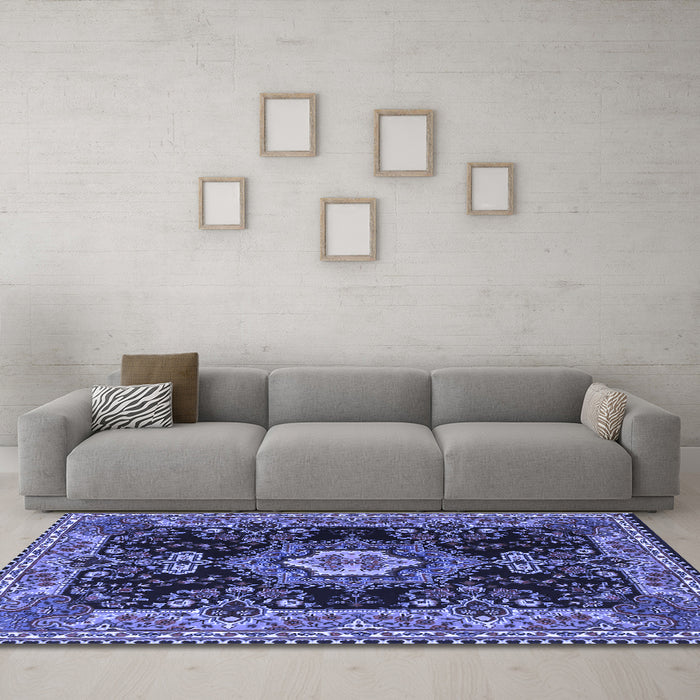 Machine Washable Medallion Blue Traditional Rug in a Living Room, wshtr4745blu