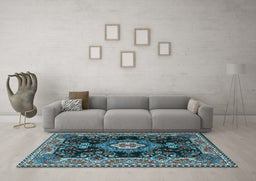 Machine Washable Medallion Light Blue Traditional Rug in a Living Room, wshtr4745lblu
