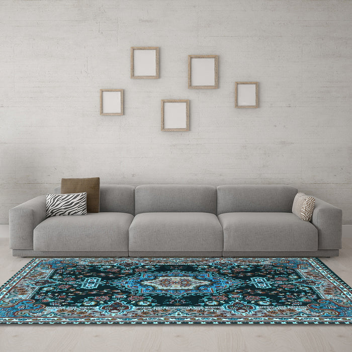 Machine Washable Medallion Light Blue Traditional Rug in a Living Room, wshtr4745lblu