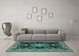 Machine Washable Medallion Turquoise Traditional Area Rugs in a Living Room,, wshtr4745turq