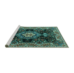 Sideview of Machine Washable Medallion Turquoise Traditional Area Rugs, wshtr4745turq
