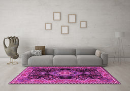 Machine Washable Medallion Pink Traditional Rug in a Living Room, wshtr4745pnk