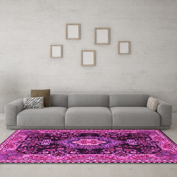 Machine Washable Medallion Pink Traditional Rug in a Living Room, wshtr4745pnk