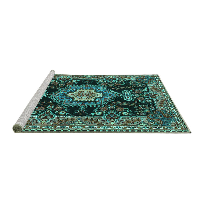 Sideview of Machine Washable Medallion Turquoise Traditional Area Rugs, wshtr4746turq