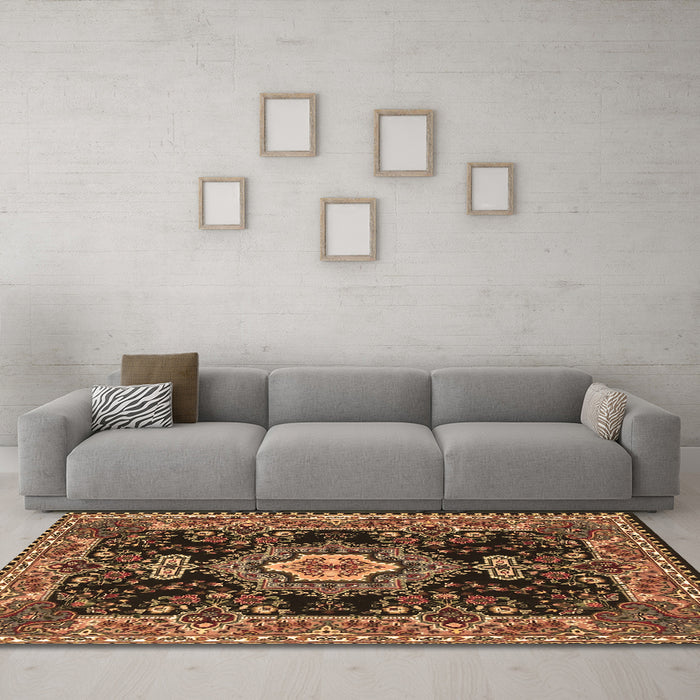Machine Washable Medallion Brown Traditional Rug in a Living Room,, wshtr4746brn