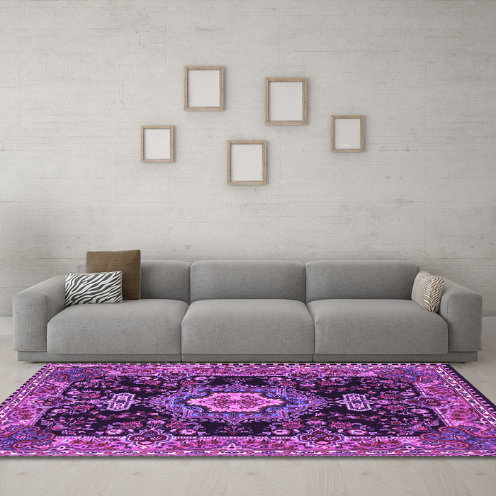 Machine Washable Medallion Purple Traditional Area Rugs in a Living Room, wshtr4746pur