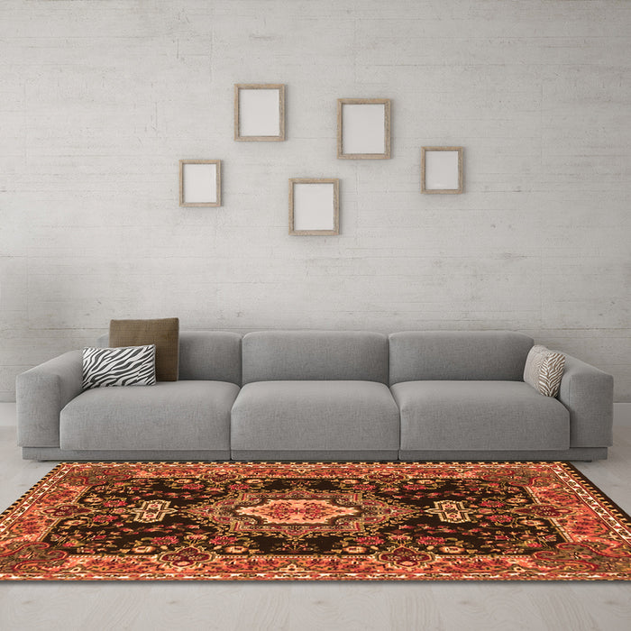Machine Washable Medallion Orange Traditional Area Rugs in a Living Room, wshtr4746org
