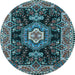 Round Machine Washable Medallion Light Blue Traditional Rug, wshtr4746lblu