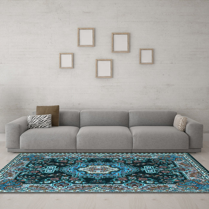Machine Washable Medallion Light Blue Traditional Rug in a Living Room, wshtr4746lblu