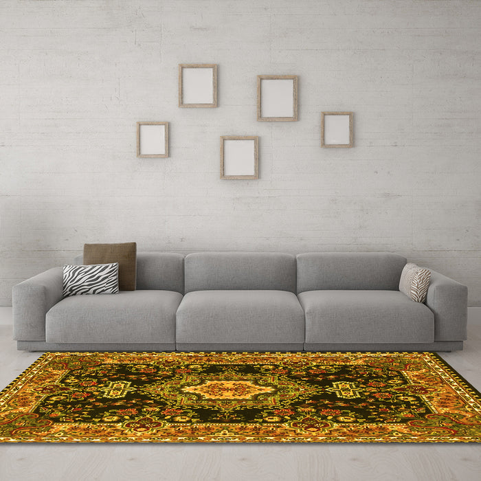 Machine Washable Medallion Yellow Traditional Rug in a Living Room, wshtr4746yw