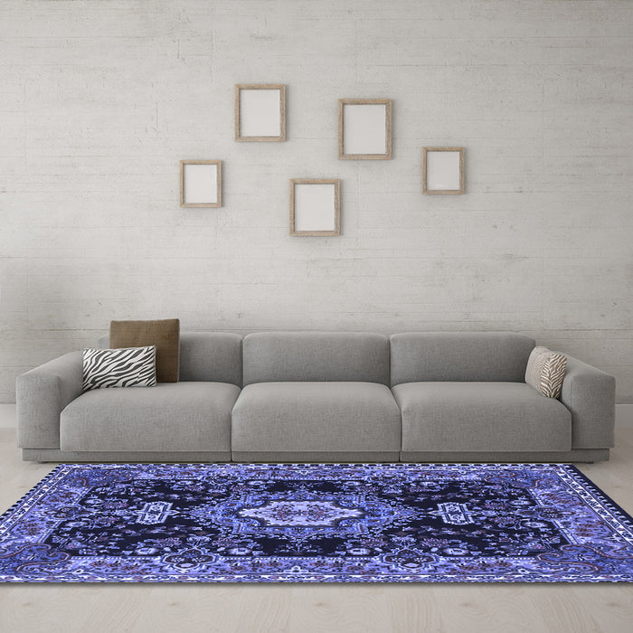 Machine Washable Medallion Blue Traditional Rug in a Living Room, wshtr4746blu