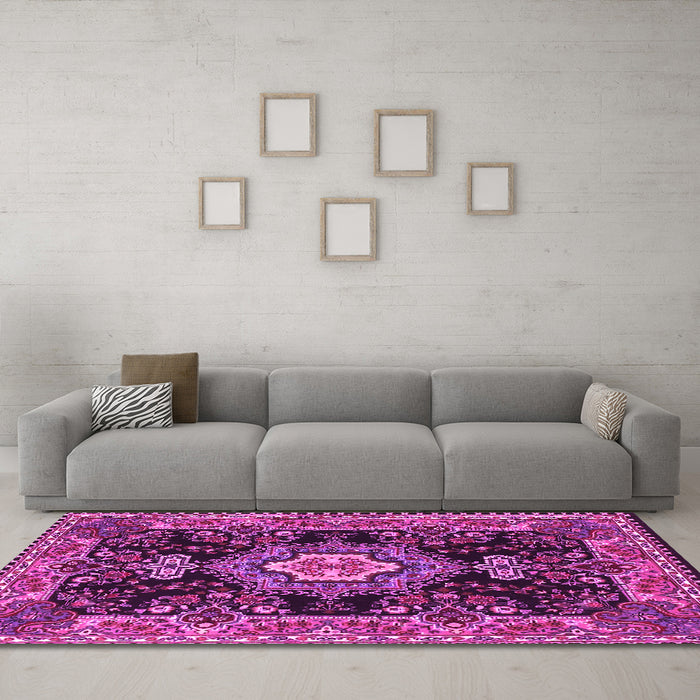 Machine Washable Medallion Pink Traditional Rug in a Living Room, wshtr4746pnk
