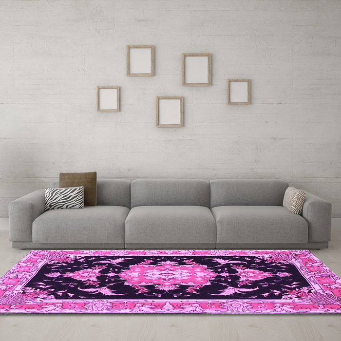 Machine Washable Medallion Purple Traditional Area Rugs in a Living Room, wshtr4747pur