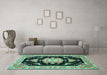 Machine Washable Medallion Turquoise Traditional Area Rugs in a Living Room,, wshtr4747turq