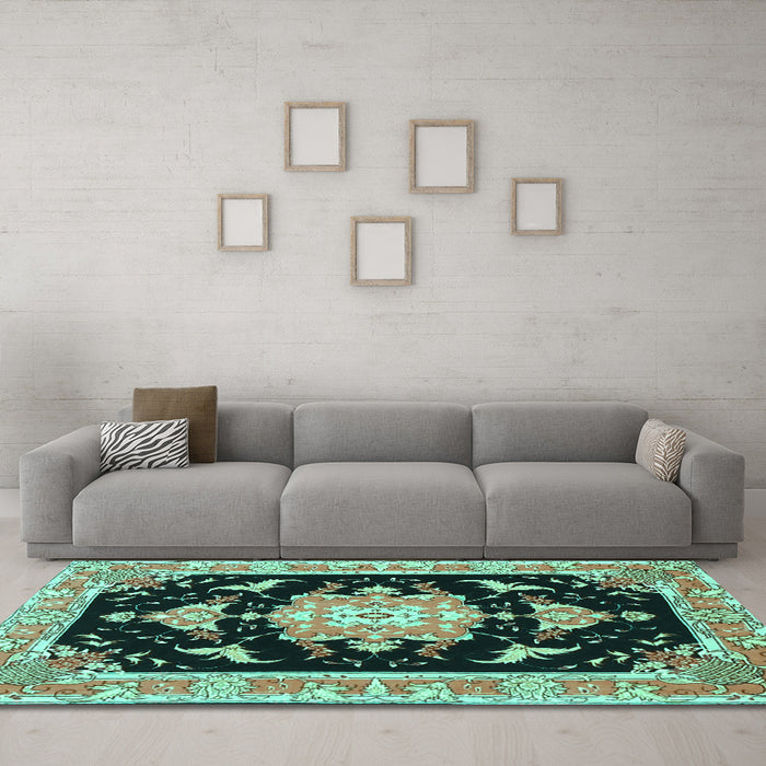 Machine Washable Medallion Turquoise Traditional Area Rugs in a Living Room,, wshtr4747turq