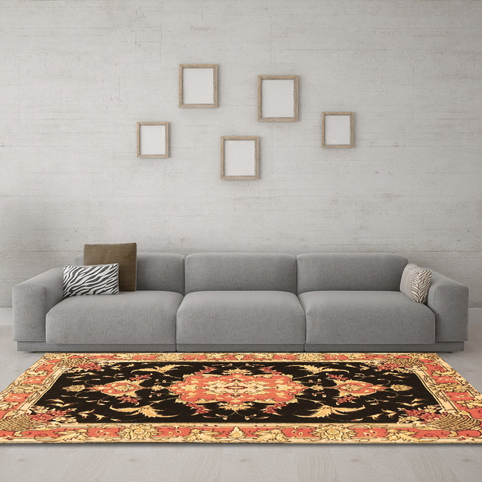 Machine Washable Medallion Brown Traditional Rug in a Living Room,, wshtr4747brn