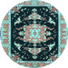 Round Machine Washable Medallion Light Blue Traditional Rug, wshtr4747lblu