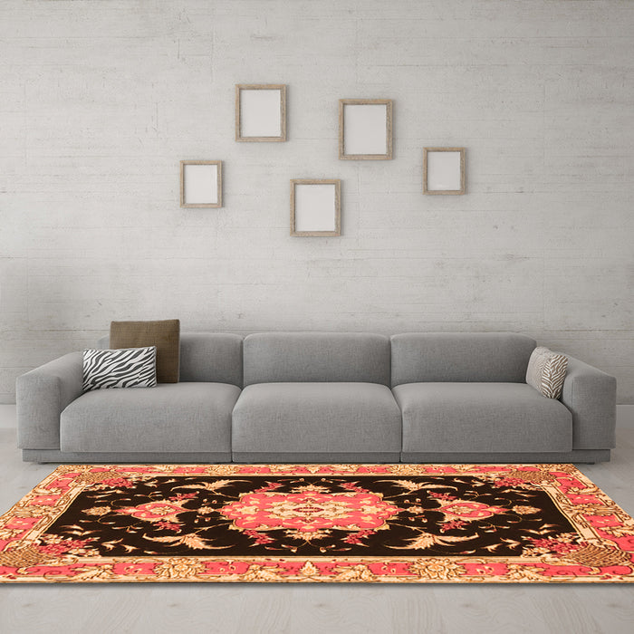 Machine Washable Medallion Orange Traditional Area Rugs in a Living Room, wshtr4747org