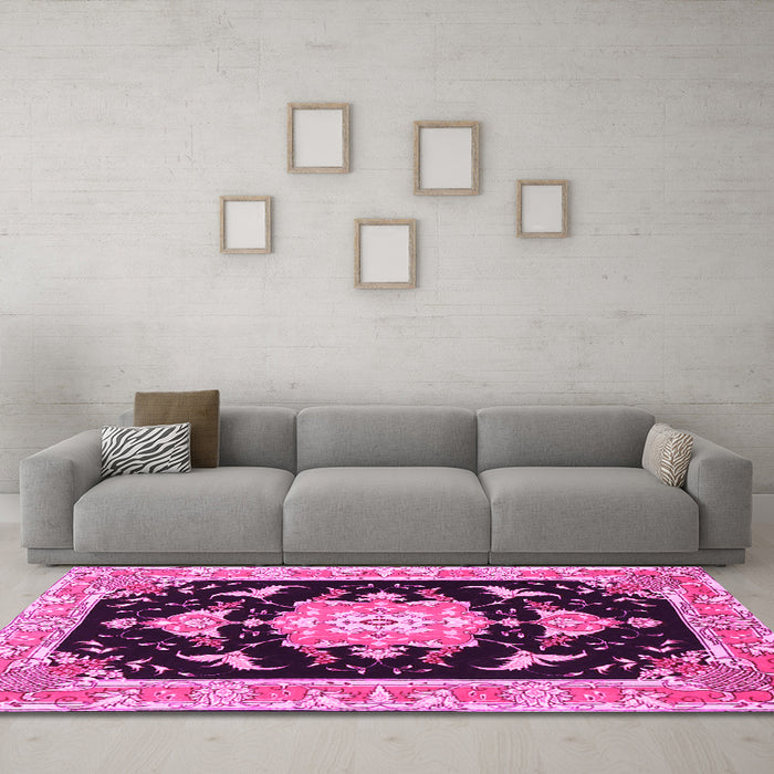 Machine Washable Medallion Pink Traditional Rug in a Living Room, wshtr4747pnk