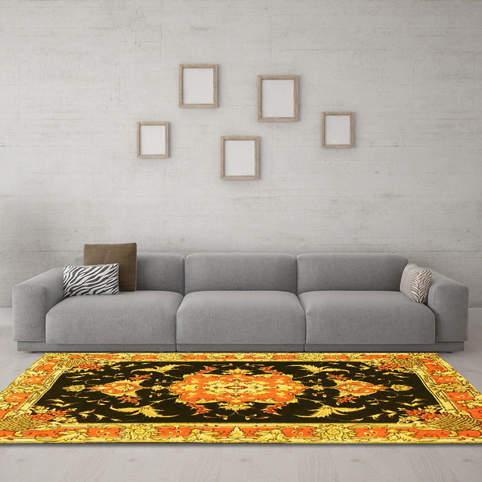 Machine Washable Medallion Yellow Traditional Rug in a Living Room, wshtr4747yw