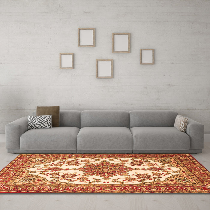 Machine Washable Medallion Orange Traditional Area Rugs in a Living Room, wshtr4748org