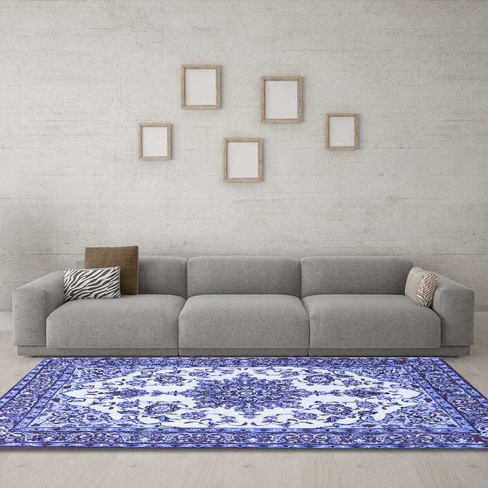 Machine Washable Medallion Blue Traditional Rug in a Living Room, wshtr4748blu