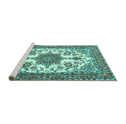 Sideview of Machine Washable Medallion Turquoise Traditional Area Rugs, wshtr4748turq