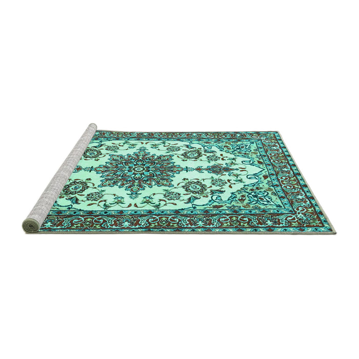 Sideview of Machine Washable Medallion Turquoise Traditional Area Rugs, wshtr4748turq